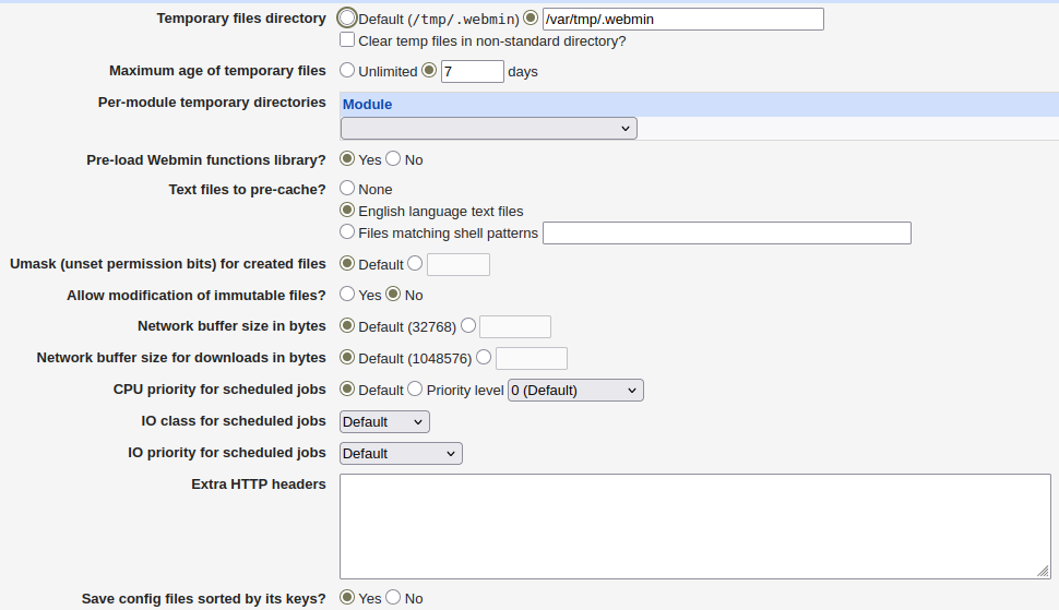 Temporary files directory webmin